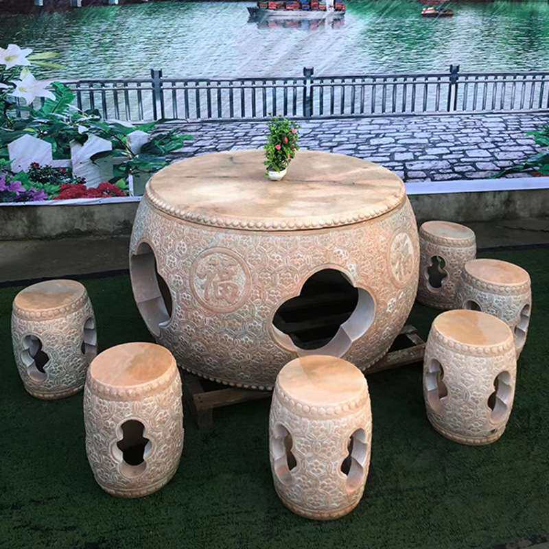 石桌石凳加工晚霞红户外庭院家用石桌一套公园凉亭休闲天然石桌凳