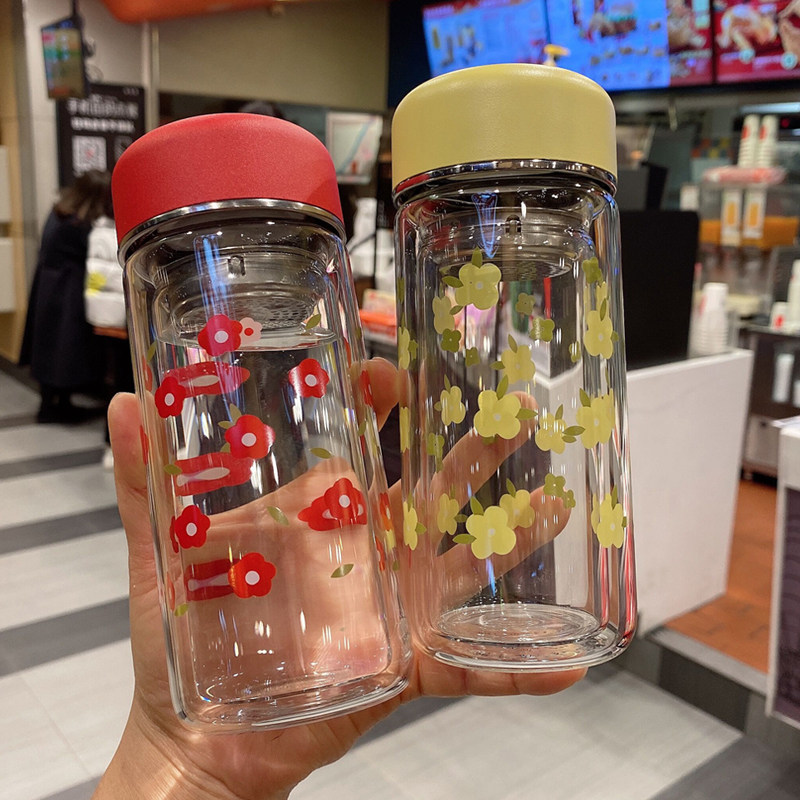 双层玻璃杯高颜值情侣水杯女可爱便携办公茶水分离泡茶耐高温杯子