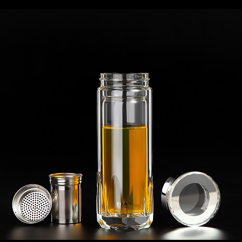 现货加厚水晶底双层玻璃杯带盖滤网水杯男车载茶杯便携办公杯子