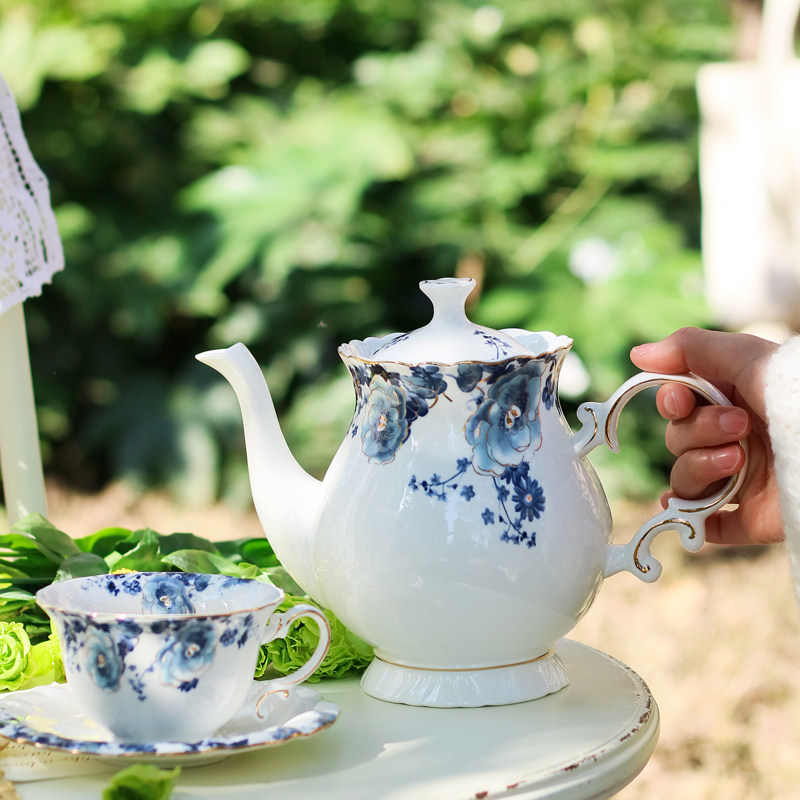 简约现代英式下午茶具套装家用整套茶具蓝花客厅泡茶具带托盘架