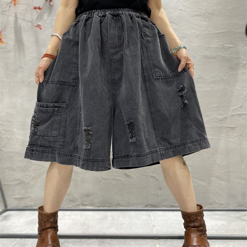 夏季新款欧版黑i色水洗牛仔阔脚裤女大码J宽松个性显瘦洋气五分裤