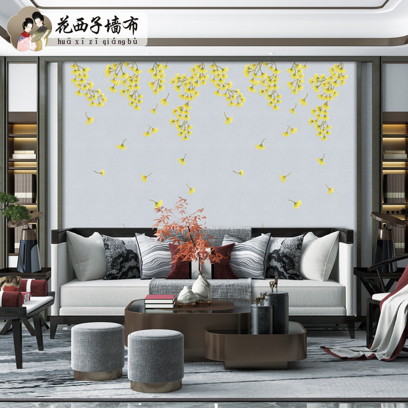 银杏叶中式卧室床头背景墙布独秀刺绣客厅餐厅沙发电视背景壁布