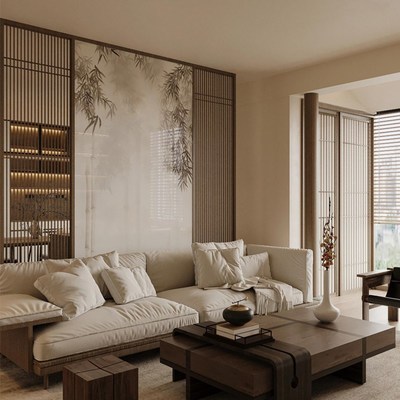 宋氏美学新中式玄关实木屏风隔断客厅酒店茶室背景墙栅栏座屏竹子