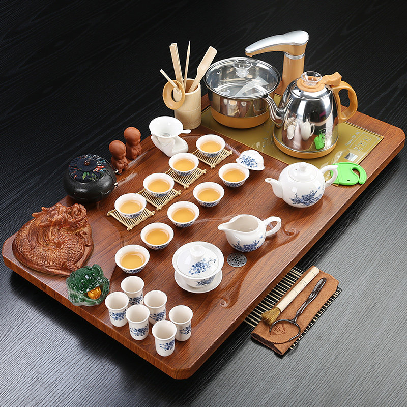 功夫茶具套装家用整套茶盘中式冰裂釉陶瓷紫砂玻璃连体茶台送礼