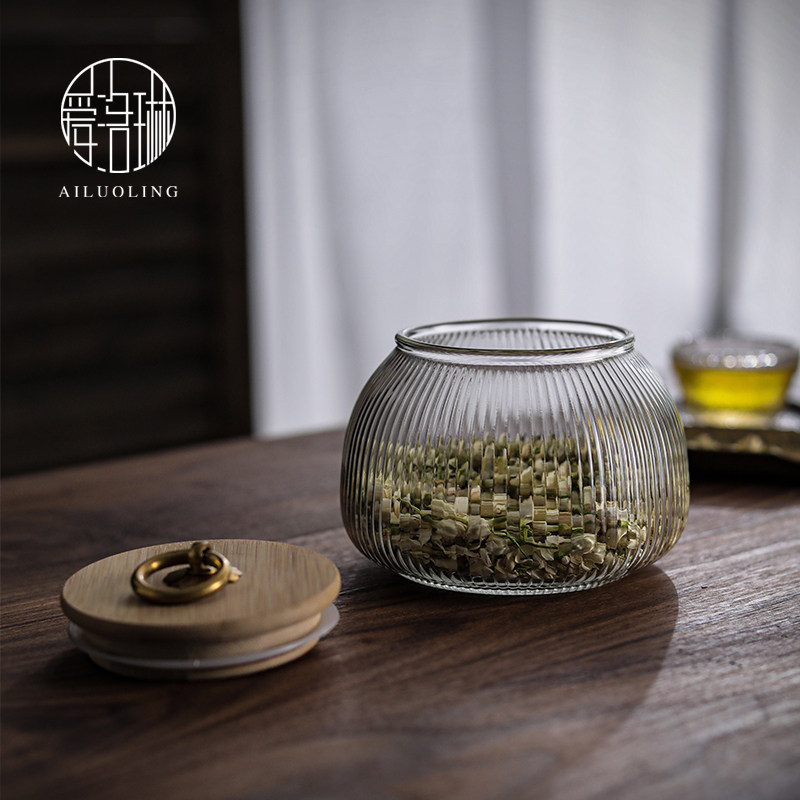 日式简约条纹玻璃茶叶罐小密封罐小号透明 家用干果储物收纳罐