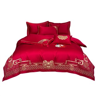 中式 刺绣婚庆四件套大红色全棉床单被套结婚床上用品六件套新
