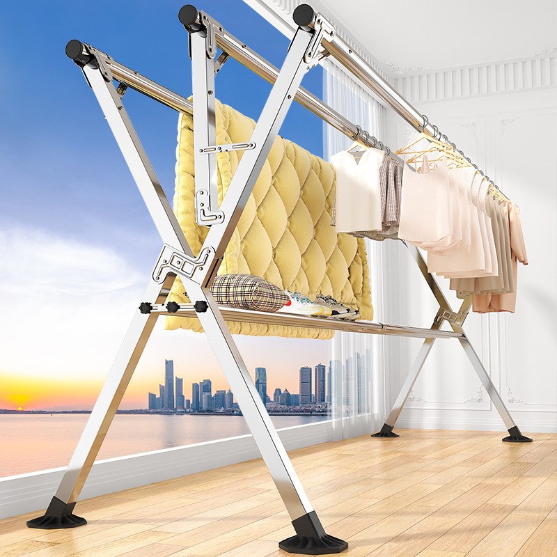 晾衣架落地折叠伸缩晒衣架免安装室内外阳台晒被子挂衣帽架晾衣杆