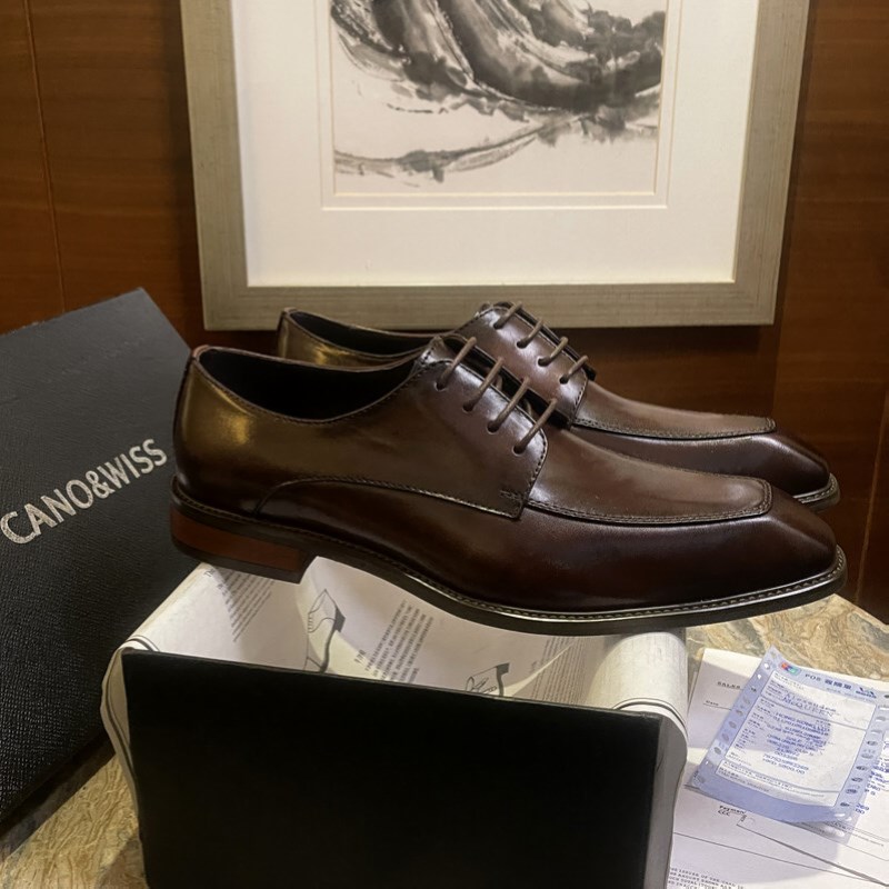 CW夏季正装皮鞋男鞋德比鞋英伦系带透气结婚新郎商务休闲棕色厚底