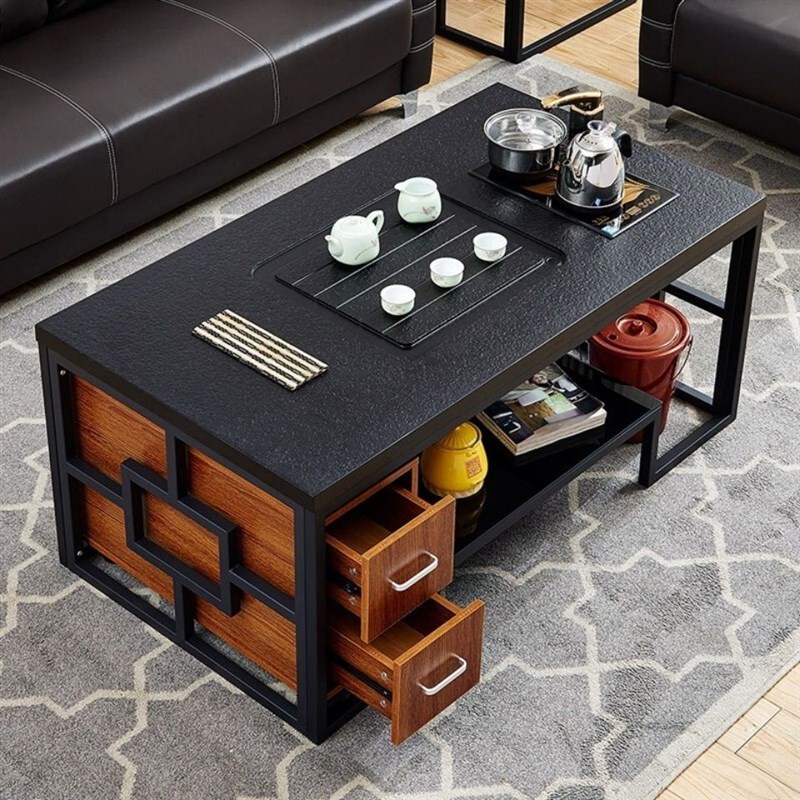 新款茶几桌客厅家用办公室接待火烧石茶几简约现代功夫茶桌铁艺泡