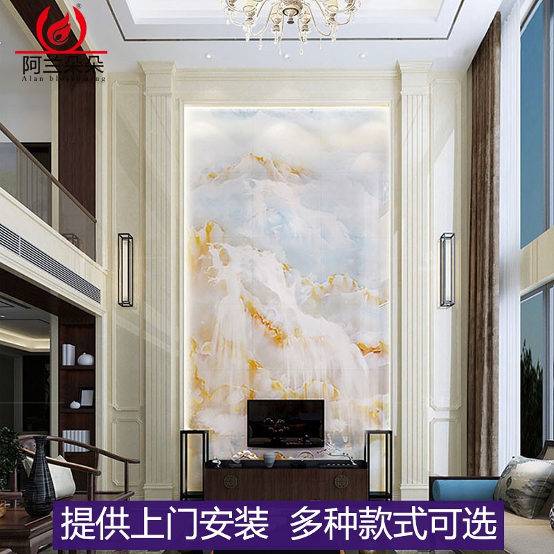 复式楼别a墅客厅电视背景墙瓷砖微晶石挑空岩板大理石影视墙装饰