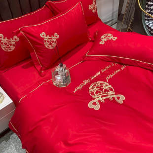 婚庆四件组h床上用品大红色新婚全棉床单被套结婚陪嫁喜被床