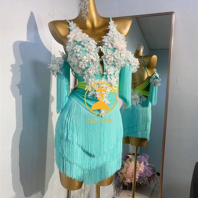 蓝色拉丁舞服练功服花服t成人女儿童练习服流苏新款比赛2496