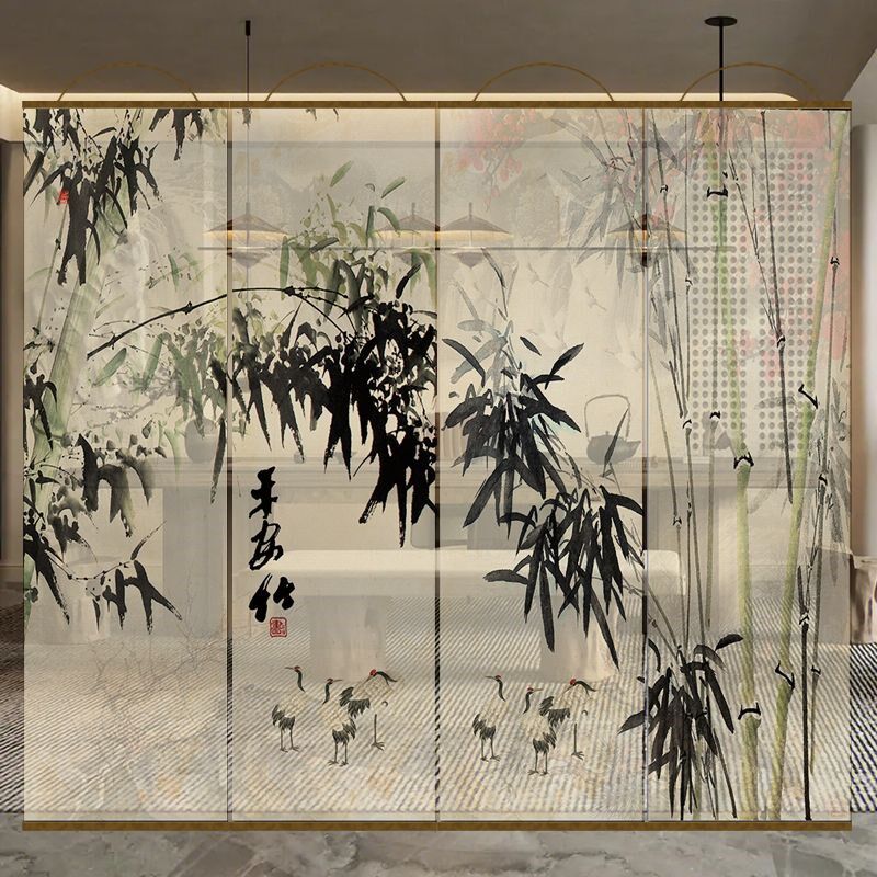 半透明花鸟水墨竹古风透景屏风纱中式卷帘隔断P帘挂帘窗帘透光纱