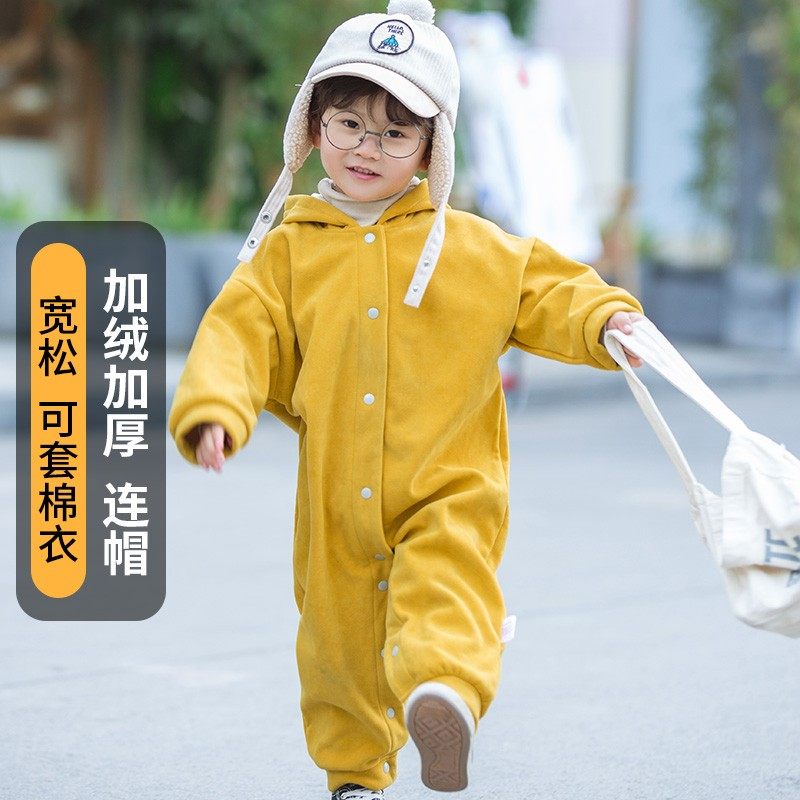 宝宝爬爬服加绒保暖冬装外出x爬服加厚哈衣连体罩衣冬季婴儿爬行