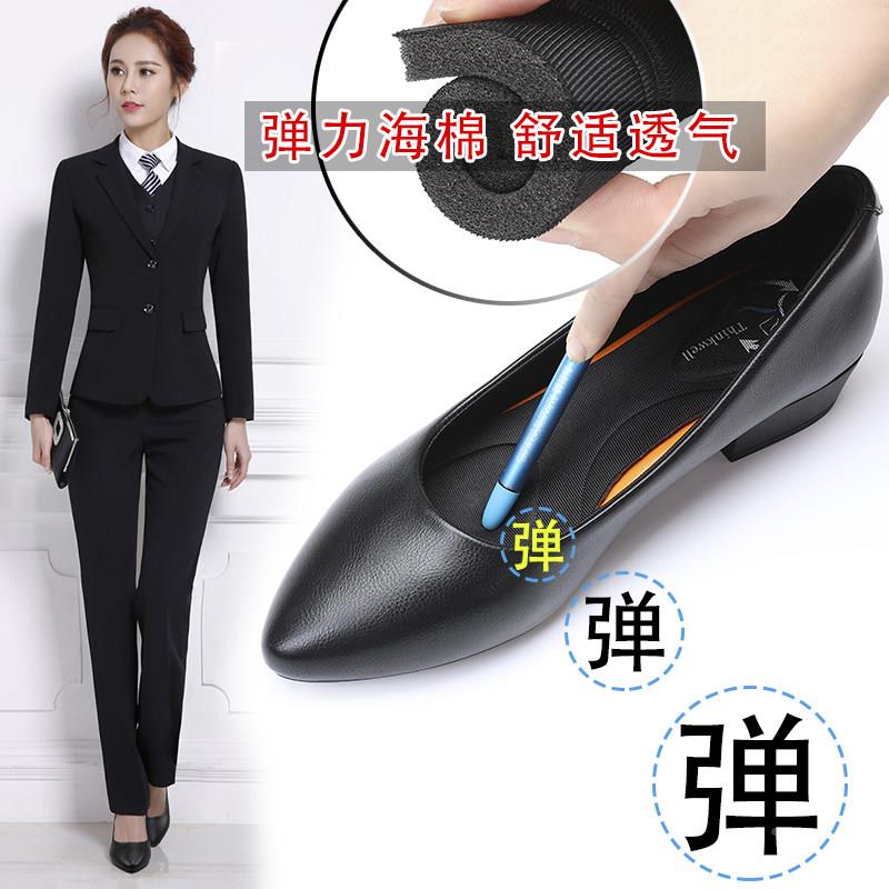 工作女黑色尖头粗跟单软底防滑皮女鞋职业上班平底鞋鞋春季hm1116