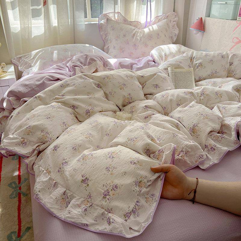 纯棉床WFL紫上品四件套新公主风全棉款被用套少女花边三件式床组