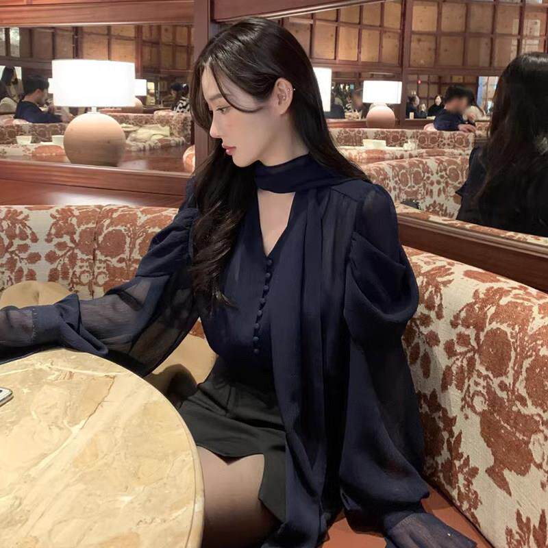 韩式别领春夏法式飘带设IDS计致略透明宽松用多途钟袖雪纺女衬衫