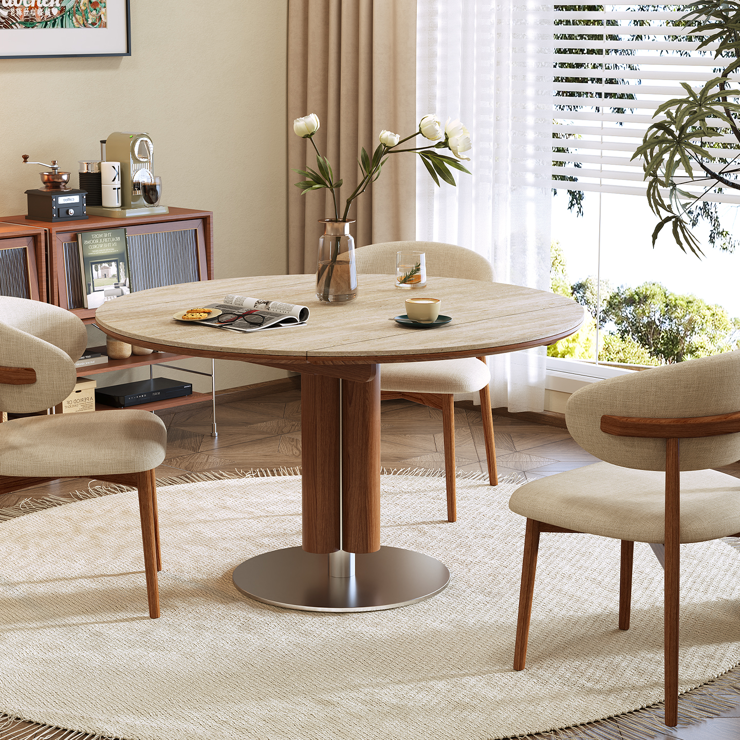 2025新款伸缩实木高档岩板折叠餐桌椅组合家用小户型洞石可变圆桌