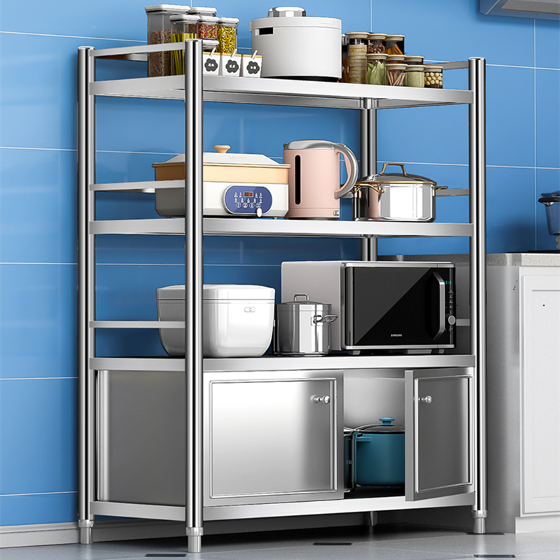厨房不锈钢餐柜微波炉烤箱置物架多层落地储物放碗盘柜带门护栏架