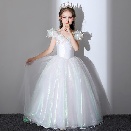 儿童钢琴演出服白色洋气花童生日主持人女童灰姑娘公主裙高端礼服