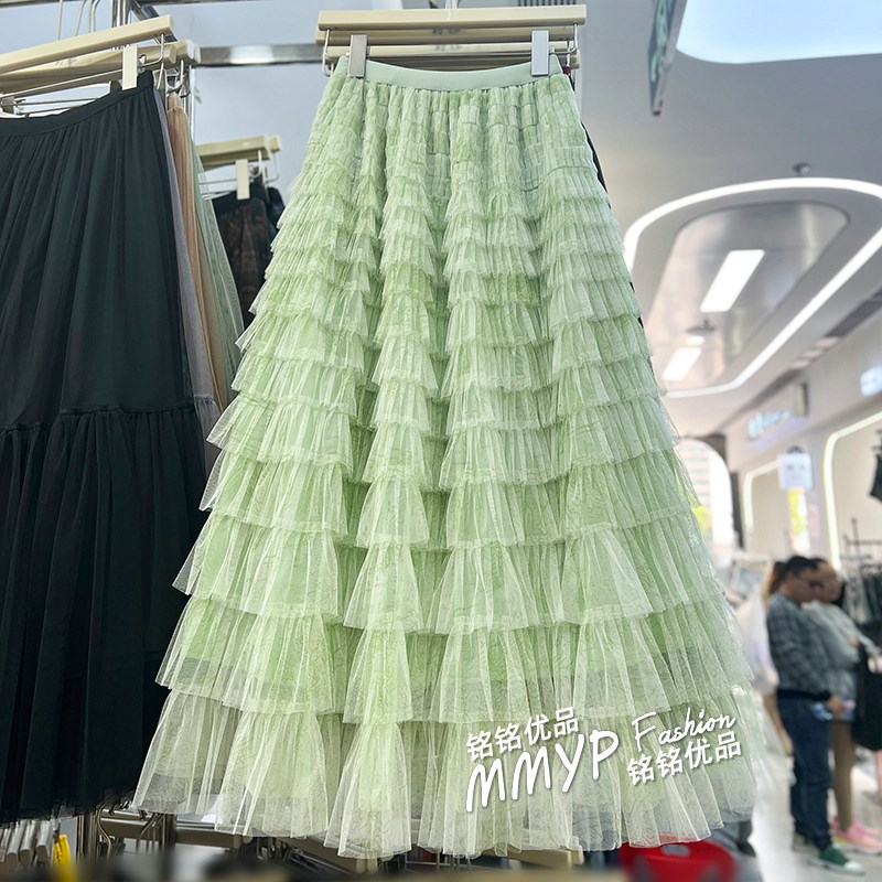 开春漂亮绿色晕染网纱半身裙夏季2025新款高腰显瘦裙子蛋糕长裙