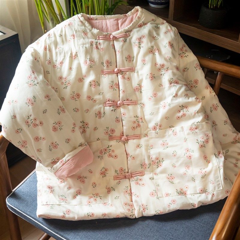 棉袄手工棉花碎花棉衣棉麻文艺棉服女盘扣对襟休闲宽松上衣冬装加
