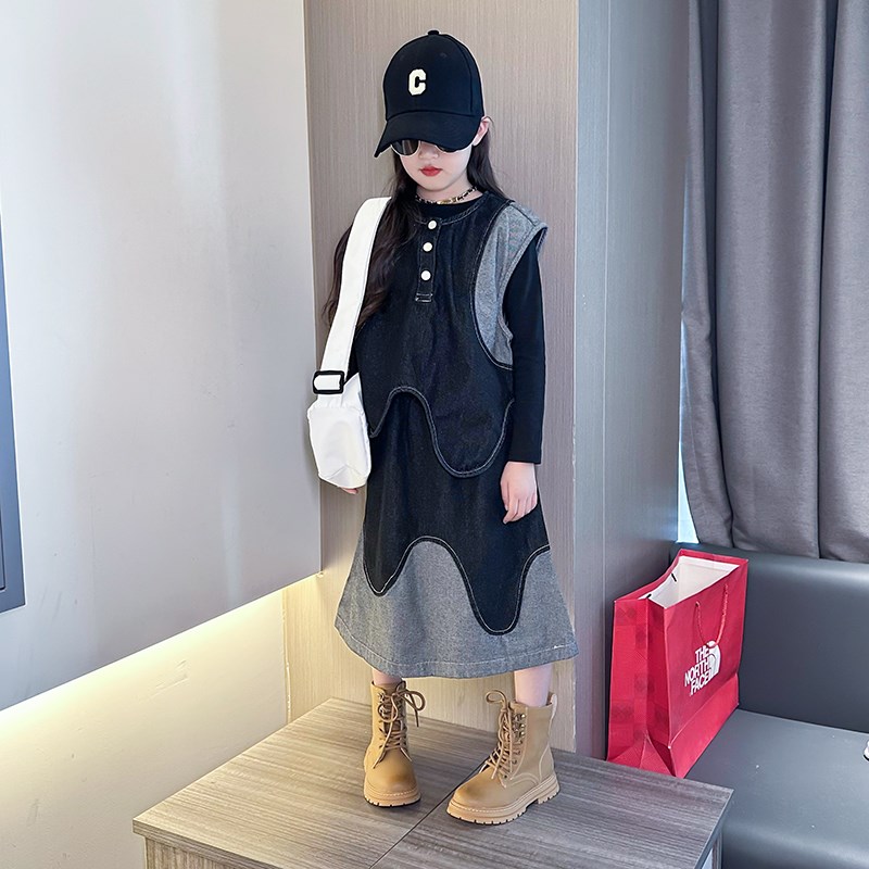 女童春装套装2025新款女孩童装拼色牛仔裙儿童潮酷洋气秋季两件套