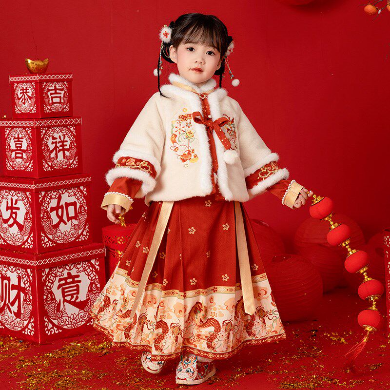 汉服女童冬装2024新款宝宝中国风明制套装女孩加厚新年拜年服唐装