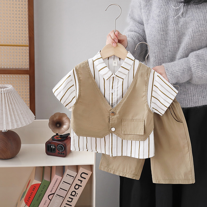 男童套装夏儿童韩版假两件帅气工装短袖衬衫2025新款洋气男孩衣服