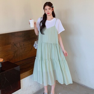 洋派减龄蛋糕裙子 女胖MM大尺码 夏天新品 设计感假两件拼接绿色洋装