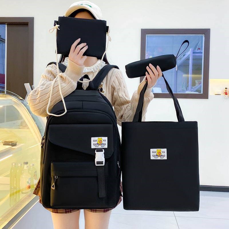 新款日系休闲学生书包女初高中生大学生背包大容量四件套双肩包