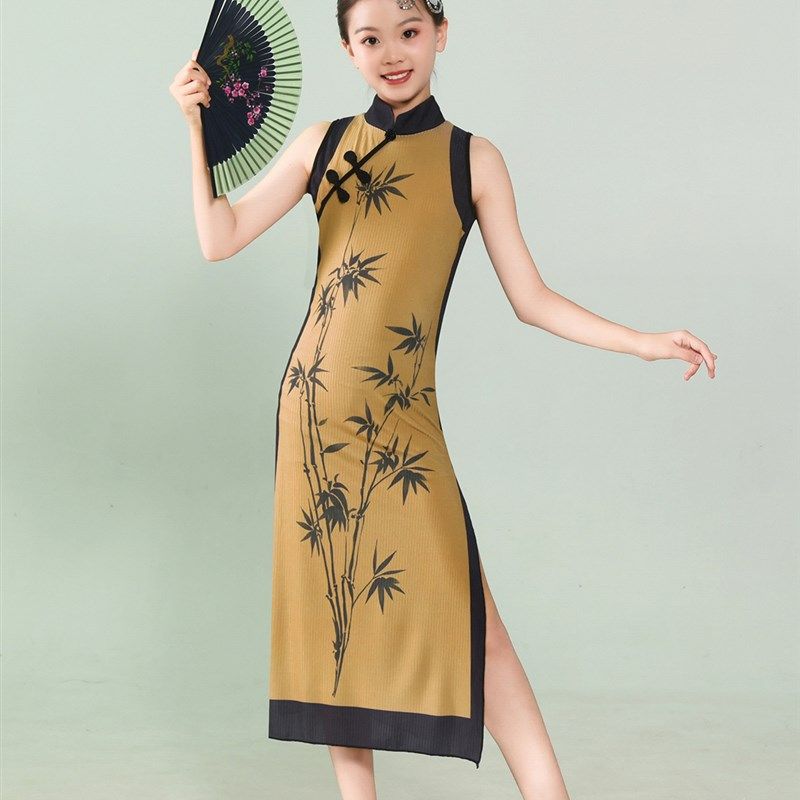 新中式女童古典舞旗袍舞蹈服国风扇子舞练功服儿童修身旗袍演出服