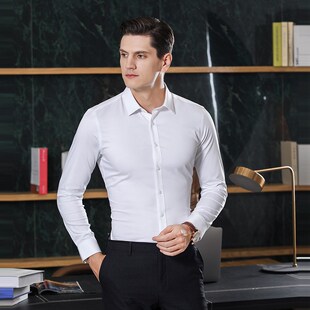 男士 2024新款 衬衫 长m袖 竹纤维弹力纯色日常婚礼免烫透气衬衣 男式