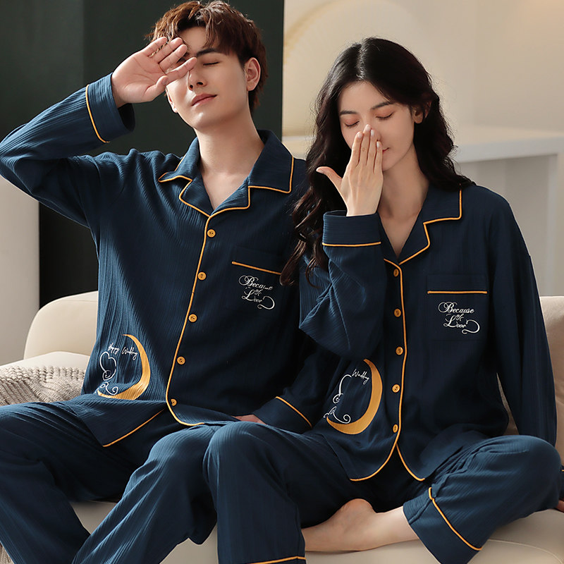 秋冬季睡衣情侣纯棉长袖开衫女款大码可外穿套装男士夏春秋家居服