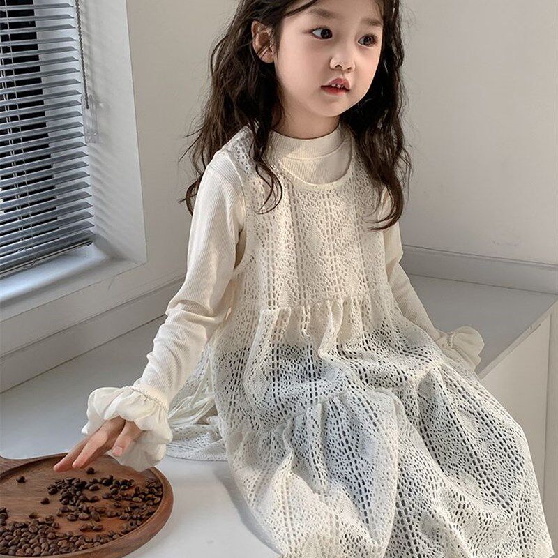 女童春秋套装连衣裙韩系镂空背心裙叠穿打底衫儿童百搭吊带裙套装