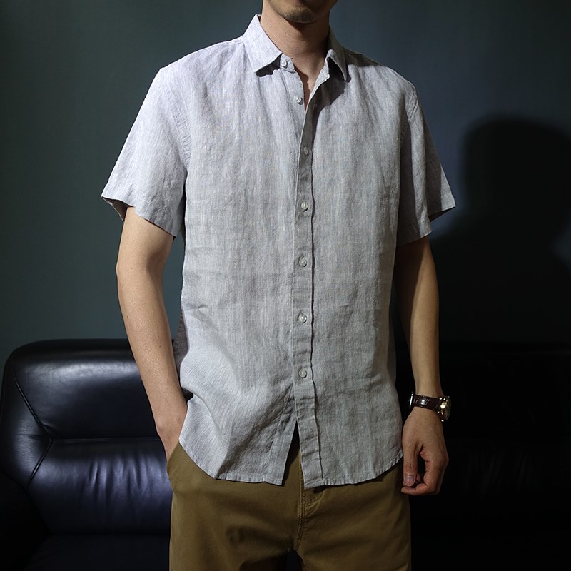夏季薄款纯亚麻方领短袖衬衫覆古透气男士百搭时尚麻料半袖衬衣潮