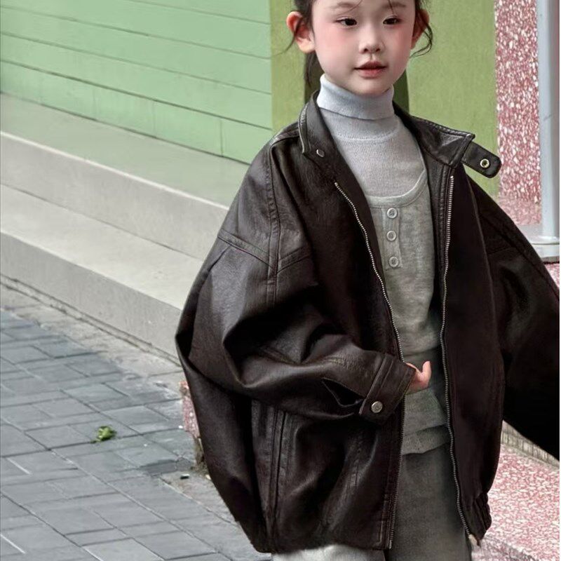 2025春季和秋季新款儿童皮革上衣男孩和女孩摩托车穿上衣时髦酷和