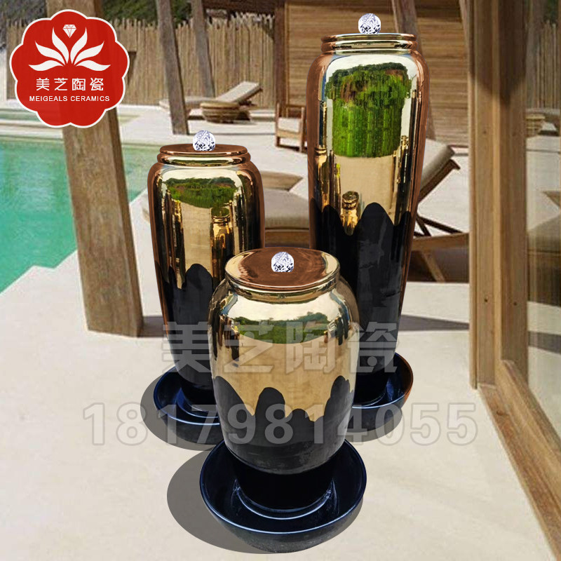 欧式奢华冒水坛h子摆件金色陶瓷循环流水大花瓶喷泉陶罐鱼缸储水