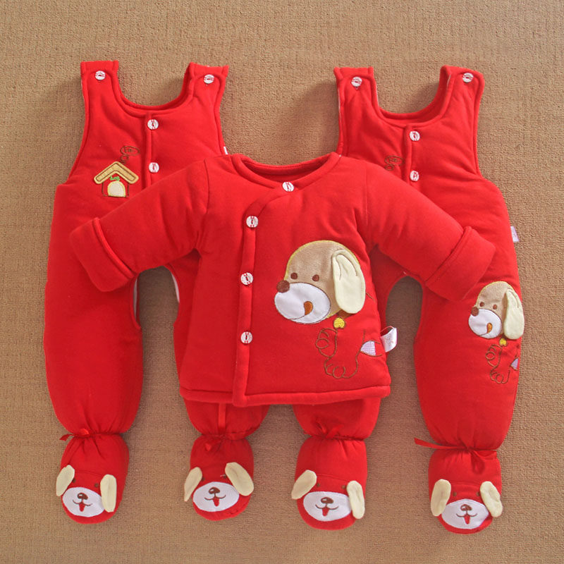 婴儿衣服新年冬装包连脚男宝宝加厚棉服袄背带裤三件套装冬季过年