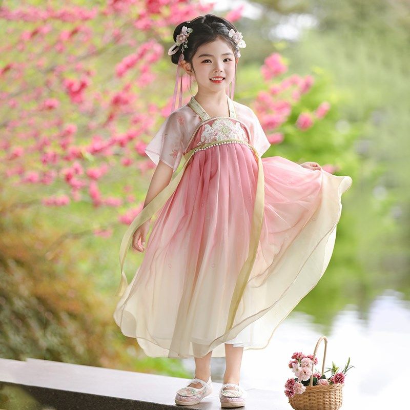 汉服女童夏季2025新款女孩粉色公主连衣裙儿童古风超仙襦裙表演服