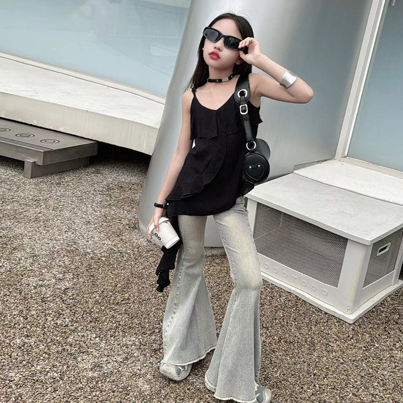 女童裤子夏季2025新款冰丝儿童牛仔裤大童薄款喇叭裤休闲夏装长裤