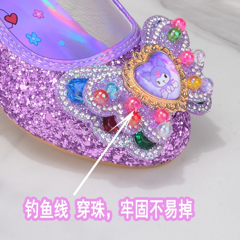 库洛米公主鞋紫色女童闪亮水晶鞋小女孩软底单皮鞋亮片儿童高跟鞋
