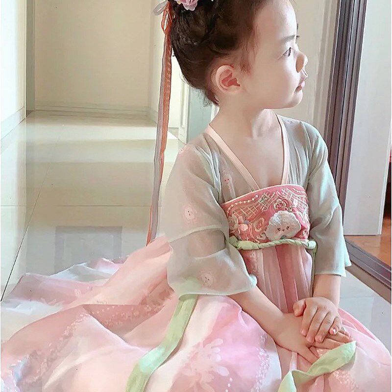 小羊夏季短袖女童汉服幼儿园女生宝宝小童连衣裙唐代周岁国风雪纺