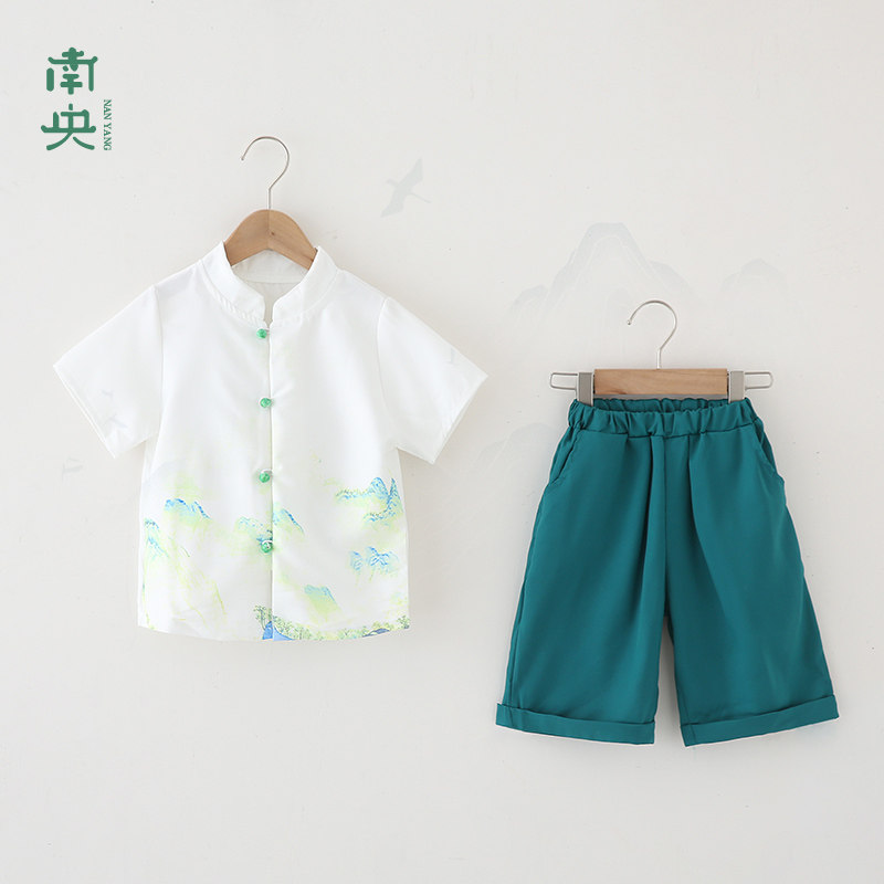 中国风男童汉服夏季薄款儿童唐装短袖套装复古男孩古装国学演出服