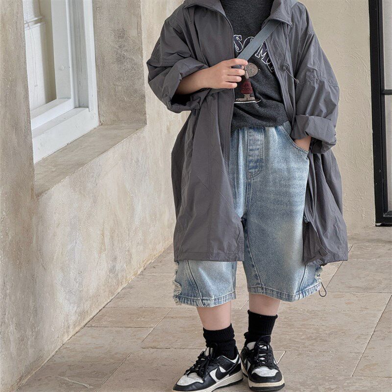 男童裤子儿童新款洋气宽松七分中裤男孩夏季薄款时髦破洞牛仔短裤