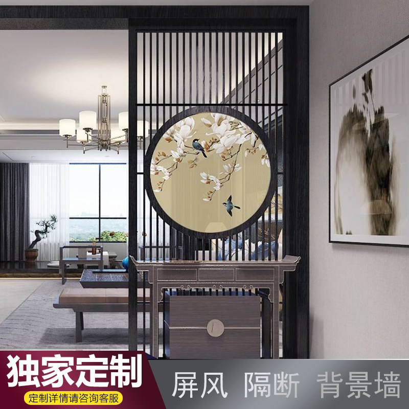 新中式现代客g厅隔断玄关镂空雕花板实木装饰栅栏透明纱画屏风定