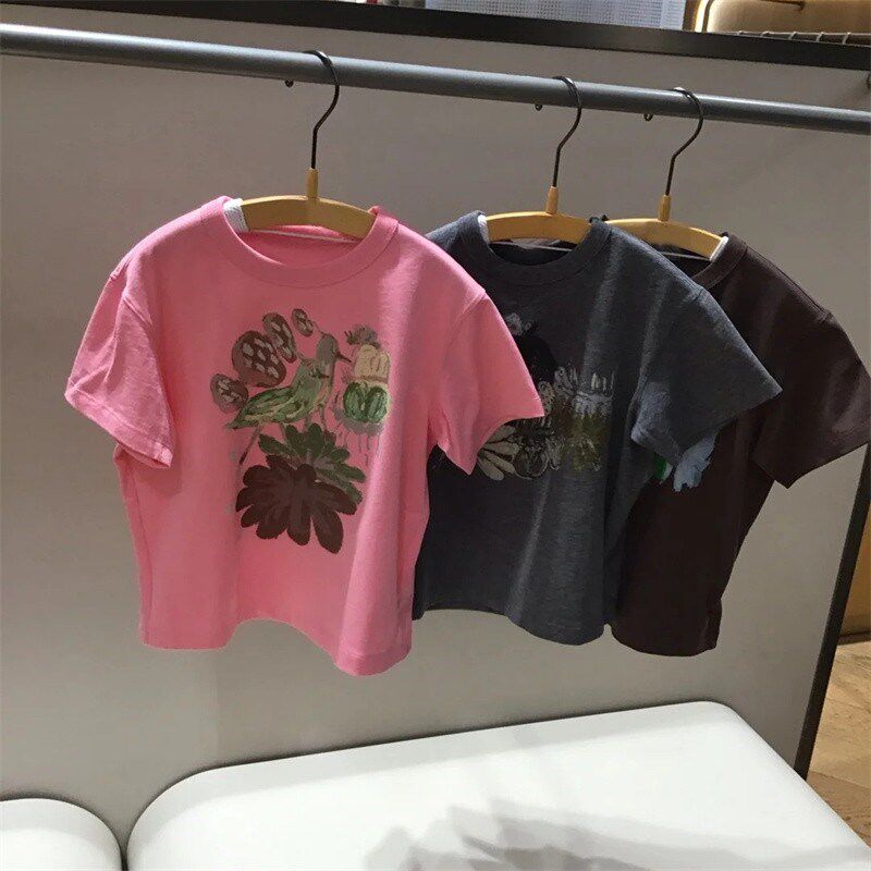 现货童装定制韩版春秋新款女童个性植物印花短袖上衣休闲百搭T恤
