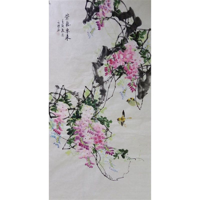 纯手绘四尺竖幅国画紫藤紫气东来玄关挂画