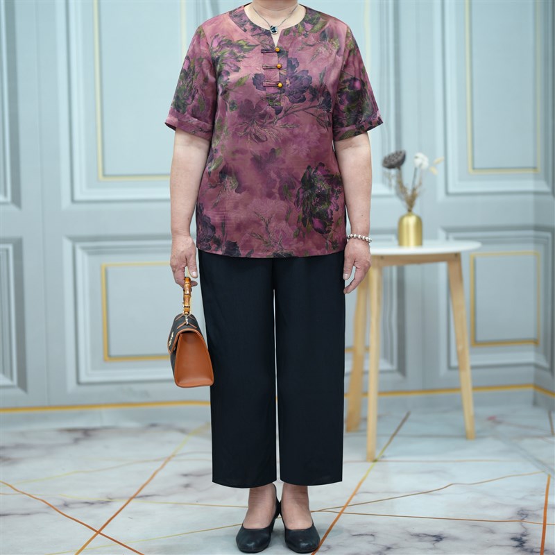 大码妈妈装国风小V领印花套装2025夏中老年洋气直筒裤两件套宽松
