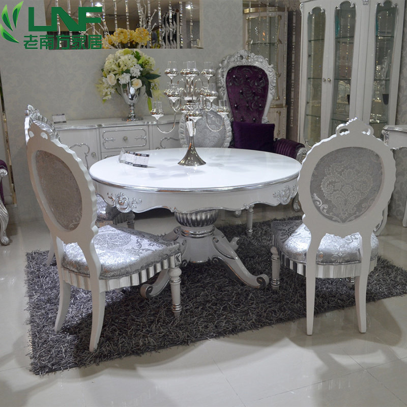 新古典欧式圆形餐桌 实t木餐桌椅组合白色银箔圆餐桌简约餐厅家具